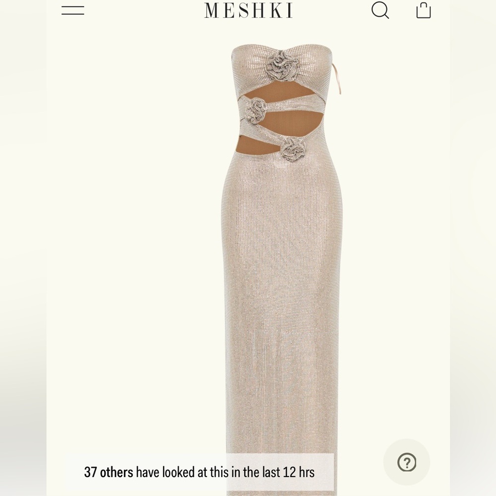 Meshki Champagne Metallic Strapless Maxi Dress with Rosette Details
